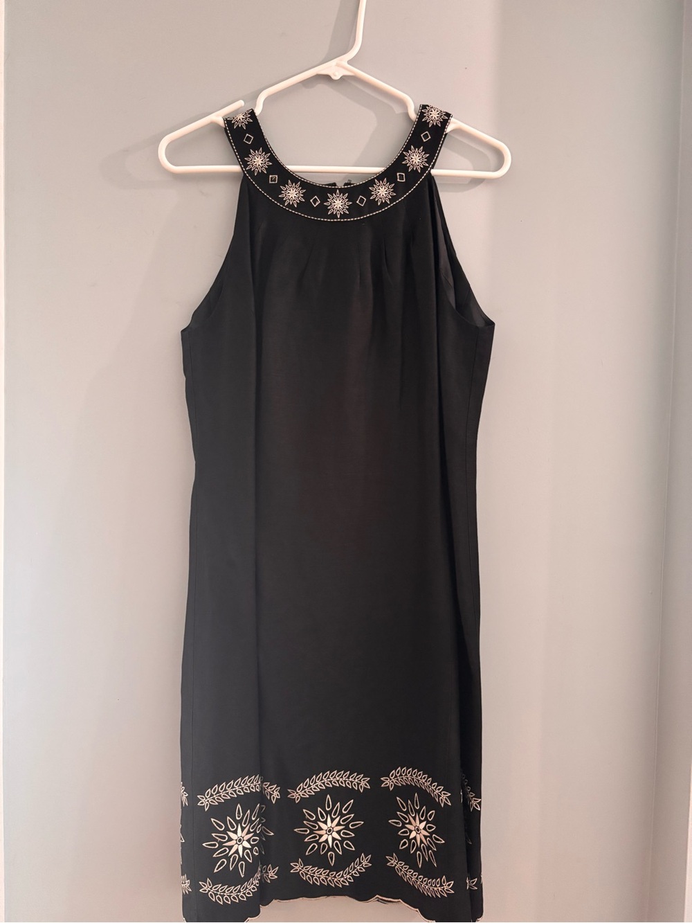 Black Midi Dress with Embroidered Halter Neckline
